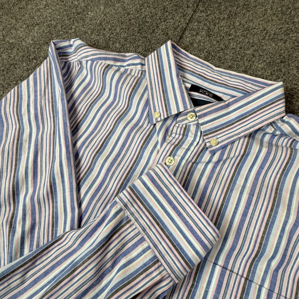Saddlebred Comfort Flex Mens Size L Large Blue Pink Striped Button Down Shirt